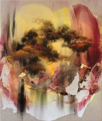 Blaze - 2020, Paper, soot by fire, oil on linen, 60 x 50 cm