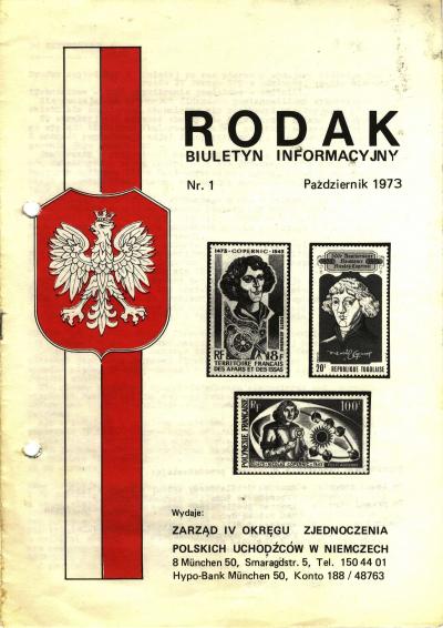 Titelseite der Zeitschrift „Rodak“ des 4. Bezirks des Verbandes der Polnischen Flüchtlinge (ZPU) - Ausgabe Nr. 1, Oktober 1973 