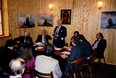 Treffen der Sektion des Nationalrats in der BRD, München, 1987 - Von links: Wincenty Broniwój-Orliński, Tadeusz Nowakowski, Zakrzewski, Jacek Kowalski, Tadeusz Folek, Bogdan Żurek, N.N 