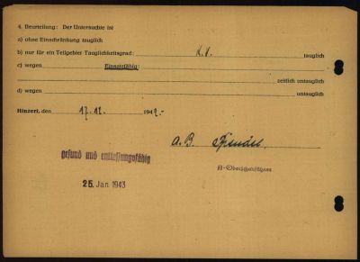 Untersuchungsbogen von Stanislaus Kowalski (zweite Seite / Rückseite) - Häftling des Lagers Hinzert, hier Arbeitserziehungslager, vom 17.12.1942 (Ankunft) bzw. 25.1.1943 (Abtransport) 