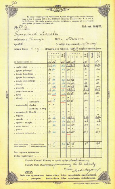 Świadectwo Leopolda Tyrmanda, 1932 r. - Świadectwo z katalogiem ocen uzyskanych przez Leopolda Tyrmanda w III klasie Prywatnego Gimnazjum i Liceum Męskiego im. A. Kreczmara w Warszawie, 1932 r. 
