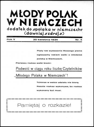 Bild 11: Titelblatt der Aprilausgabe, 1934 - Titelblatt der Aprilausgabe des „Młody Polak w Niemczech“ aus dem Jahr 1934. 