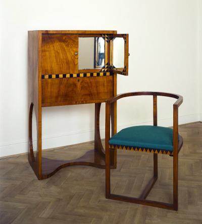Dressing table and chair, 1909 - Dressing table and chair, 1909. Design: Karol Tichy, Execution: Andrzej Sydor, various woods, inlay work, 129 x 74 x 50 cm and 75 x 54.7 x 51.5 cm 