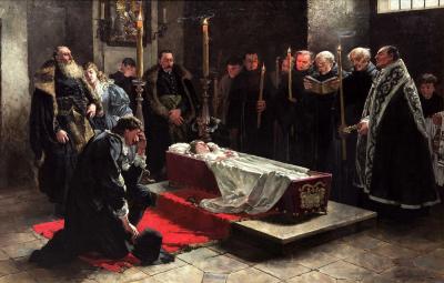 Stanisław Oświęcim beside the corpse of his sister Anna - Stanisław Oświęcim beside the corpse of his sister Anna/Stanisław Oświęcim przy zwłokach Anny Oświęcimówny, 1888, oil on canvas, 136 x 216 cm 