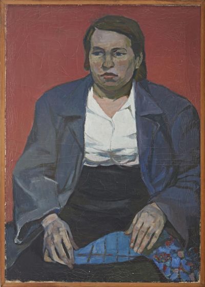 Portrait einer buckeligen Frau - Andrzej Wróblewski, Portret Garbatej z czerwonym tłem (Portrait einer buckeligen Frau), 1955, Öl auf Leinwand, 85,5 x 60 cm