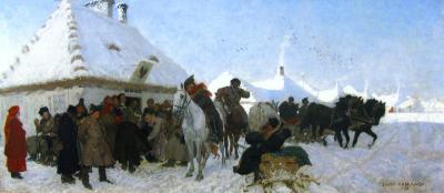 Verhandlung vor dem Dorfschulzen, München 1873 - Verhandlung vor dem Dorfschulzen, München 1873, Öl auf Leinwand, 64,5 x 147 cm 
