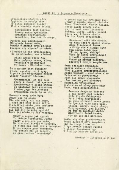 Humorystyczny wiersz „Klasa II a Liceum w Maczkowie“ - Humorystyczny wiersz „Klasa II a Liceum w Maczkowie“, listopad 1945 r.