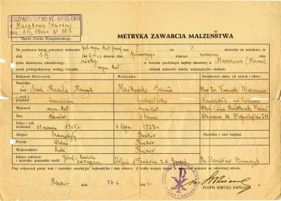 Heiratsurkunde aus Maczków (Haren an der Ems) von Janina Maćkowska und Henryk Kacała - Heiratsurkunde aus Maczków (Haren an der Ems) von Janina Maćkowska und Henryk Kacała, ausgestellt am 27. Juni 1946