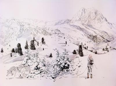 W górach - W górach, Małgosia Jankowska, 2013, akwarela, pisak na papierze, 70 x 100 cm.