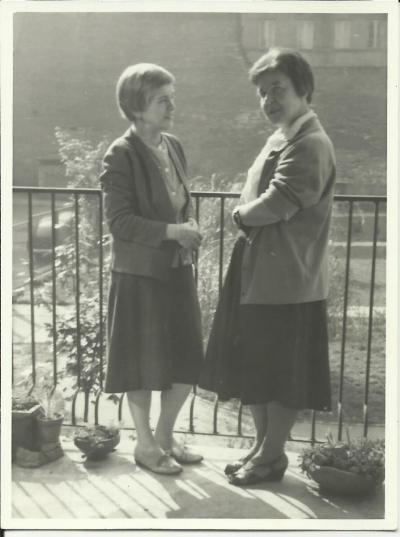 Ca. 1958 - Janina Kłopocka with her friend, Felicja Wacyk, the wife of Antoni Wacyk, on the balcony of her Warsaw apartment  at 12 Chmielna street.