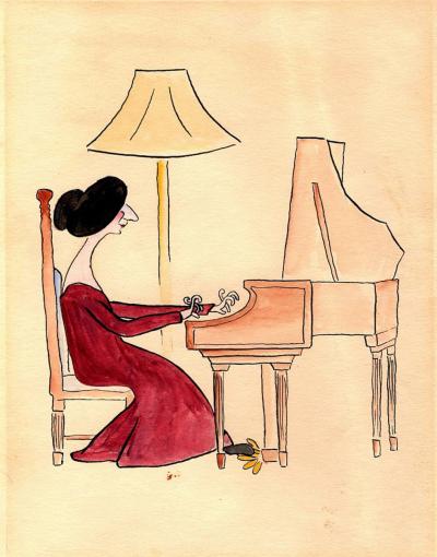 Karykatura, ok. 1930 r. - Wanda Landowska, anonimowa karykatura, ok. 1930 r., piórko i akwarela. 