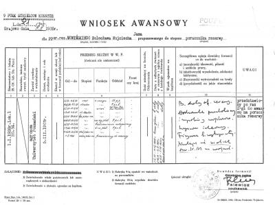 Wniosek awansowy - Wniosek awansowy ppor. rez. Bolesława Wojciecha Jana Mowińskiego do stopnia porucznika, 1935 r. 