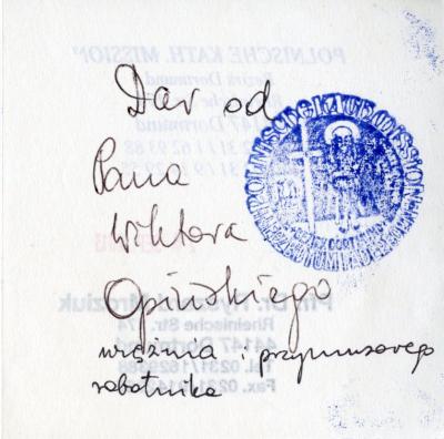 Ryszard Mroziuk, handschriftliche Notiz - Ryszard Mroziuk, handschriftliche Notiz zu der Porta Polonica überlassenen „P“-Plakette 