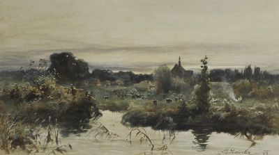 Abend am Teich/Wieczór nad stawem, 1894 - Abend am Teich/Wieczór nad stawem, 1894. Aquarell auf Papier, 24,5 x 43 cm 