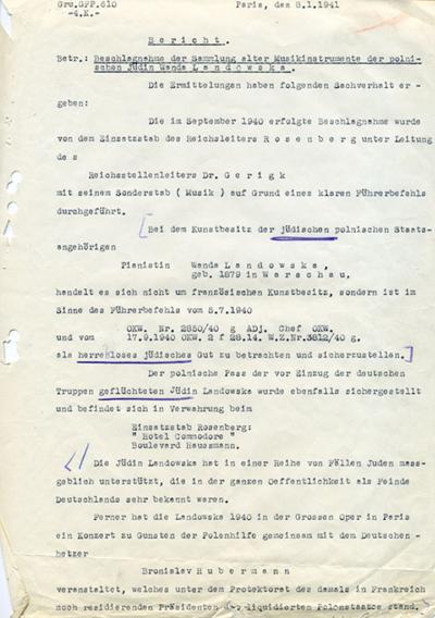 Nazistowska grabież, 1940 r. - Meldunek dotyczący konfiskaty kolekcji instrumentów Wandy Landowskiej, Paryż, 8 stycznia 1941 r. 