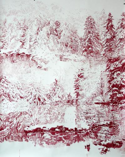 Jezioro zimą - Jezioro zimą, Małgosia Jankowska, 2015, akwarela, pisak na papierze, 150 x 120 cm.
