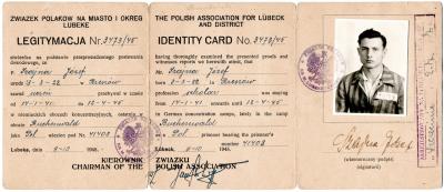 Zdj. nr 6: Józef Szajna, 1945 - Legitymacja wydana przez Związek Polaków na miasto i okręg Lubeka z dnia 9.10.1945 r. stwierdzająca, że Józef Szajna był więźniem obozu koncentracyjnego w Buchenwaldzie nr 41408.
