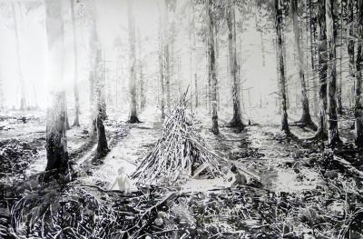 Dwóch w lesie - Dwóch w lesie, Małgosia Jankowska, 2014, akwarela, pisak na papierze, 100 x 150 cm.