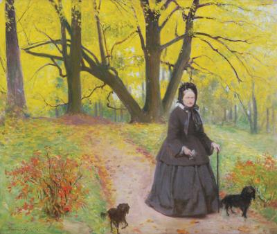Bildnis einer alten Dame – Spaziergang im Park/Portret starej damy – Spacer w parku, 1924. Öl auf Karton, 43 x 52 cm
