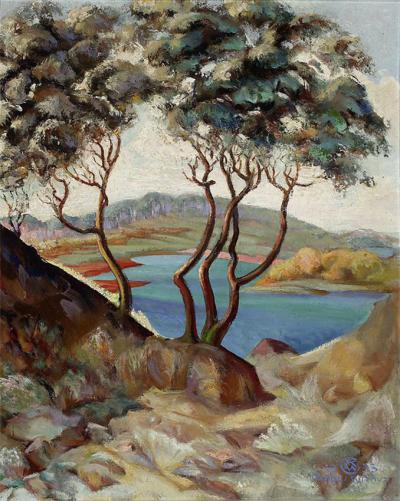 Landschaftskomposition (Der smaragdfarbene See)/Kompozycja krajobrazowa (Szmaragdowe jezioro), 1933. Öl auf Leinwand, 55 x 44,5 cm