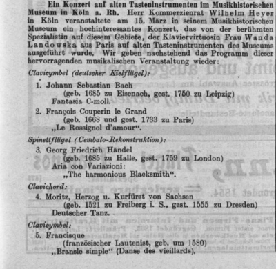 „Ein Konzert auf alten Tasteninstrumenten im Musikhistorischen Museum in Köln a. Rh.“ - In: Zeitschrift für Instrumentenbau, Bd. 31, Leipzig 1910/11, S. 723-725 (abgerufen bei der BSB). 