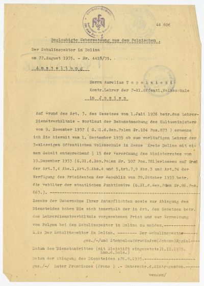 Dokument Nr. 98/1 - Beglaubigte Übersetzung der Ernennung A. Topolnickis zum Lehrer in Raków, Kreis Dolina. 