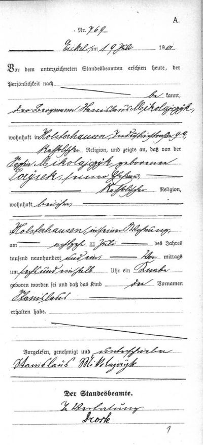 Geburtsurkunde von Stanisław Mikołajczyk - Eickel, 19.07.1901 