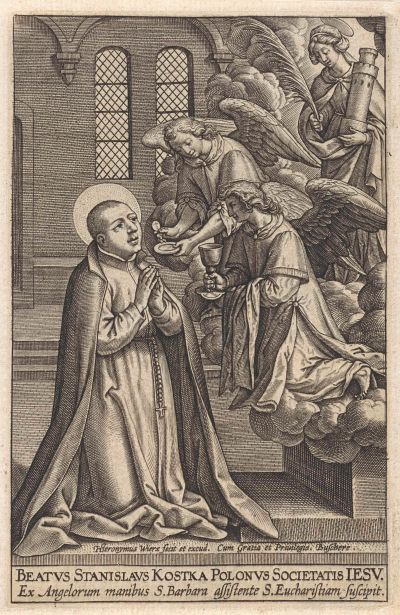 Im Auftrag der Bergbau-Patronin Barbara reichen zwei Engel Stanislaus die heilige Kommunion - Kupferstich von Hieronymus Wierix (1563 – vor 1619)  