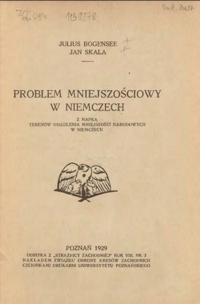 Innentitel des Buches „Problem mniejszościowy w Niemczech” - Innentitel des Buches „Problem mniejszościowy w Niemczech” (Minderheit-Problem in Deutschland) von Julius Bogensee und Jan Skala, Poznań, 1929 