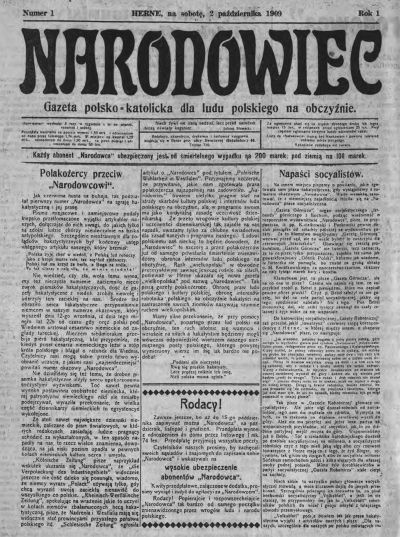 Cover page of the first edition of “Narodowiec” - Cover page of the first edition of “Narodowiec”, Herne, 2 October 1909, from: “Polak w Niemczech”, Bochum 1972, p. 44 