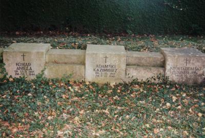 Grabsteine und die Rückseite der Stele auf dem polnischen Gräberfeld -  