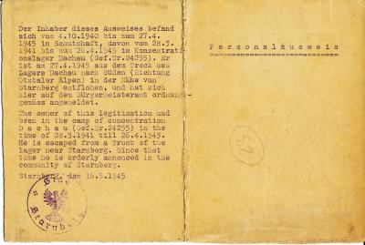 Außenansicht des Personalausweises Hermann Scheipers’ - Ausgestellt in Starnberg am 16. Mai 1945, mit amtlichen Stempel. 