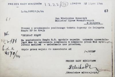 Telegramm der polnischen Exilregierung an das Oberkommando des Warschauer Aufstandes - 28. Juli 1944.  