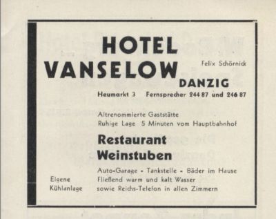 Reklama Hotelu Vanselow w Danzig - Reklama Hotelu Vanselow w Danzig 